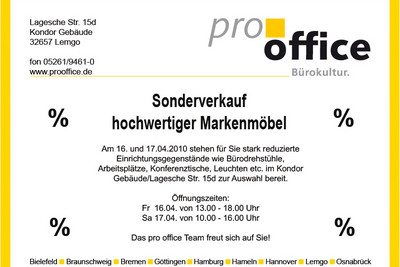 Sonderverkauf hochwertiger Markenmöbel bei pro office Bürokultur in Lemgo - Lagesche Str. 15d